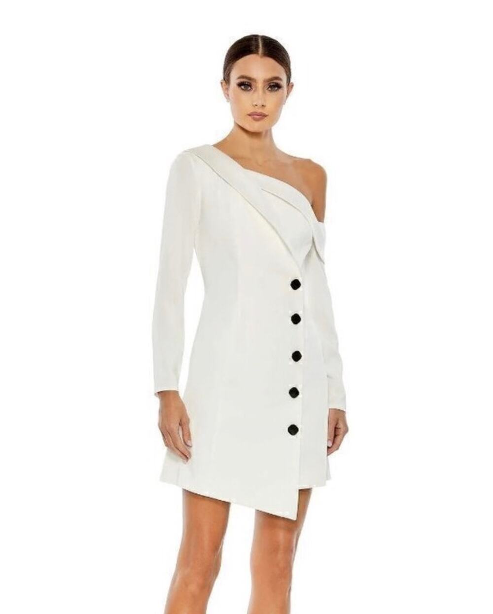 Mac Duggal One Shoulder Tuxedo Mini Dress Off The Shoulder Long Sleeve White